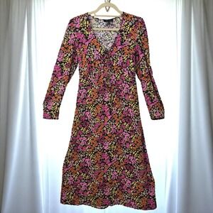 New Look Woman Floral Print‎ Midi Dress Size 4 Long Sleeve Tie Front Black Pink